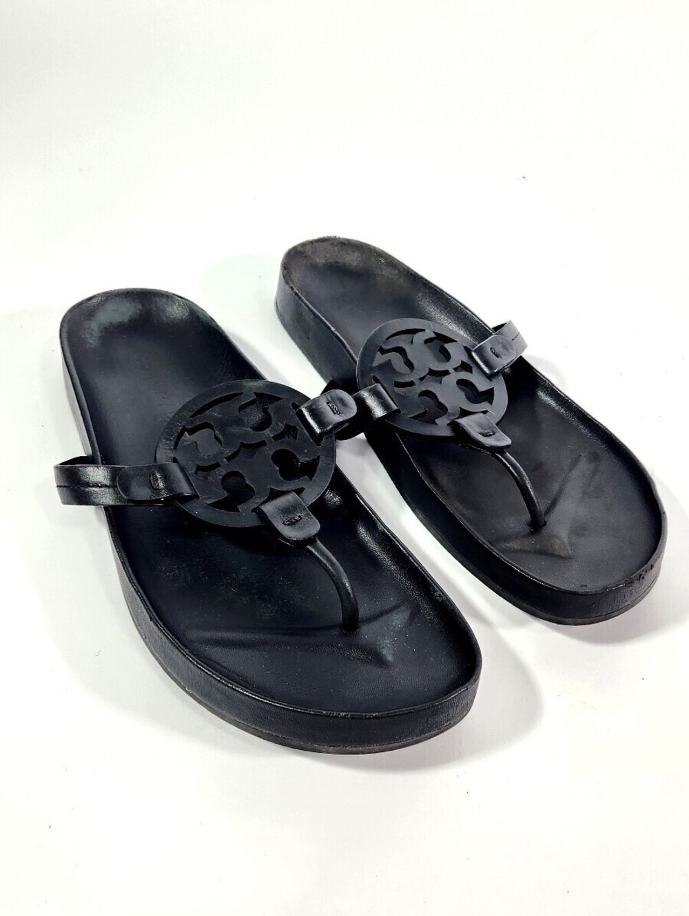 Tory Burch Black Leather Logo Thong Sandals Size 9